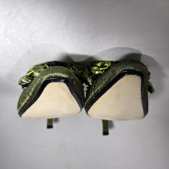 Vintage Y2K Hipster Fairy Hunter Green Floral Beaded Pointed Toe Mules Size 11M. - Picture 14 of 17